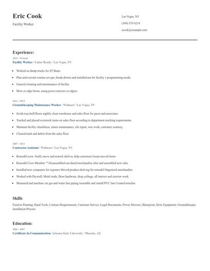 Facility Worker Resume