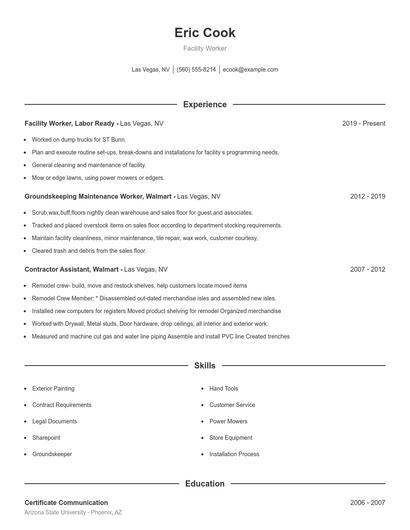 Facility Worker Resume