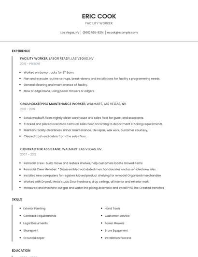 Facility Worker Resume
