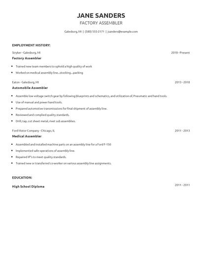 Factory Assembler Resume
