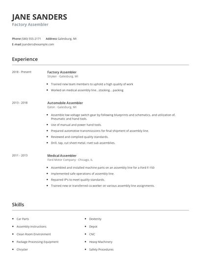 Factory Assembler Resume