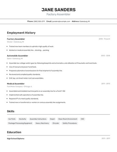 Factory Assembler Resume