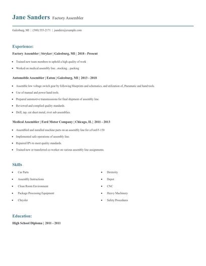 Factory Assembler Resume
