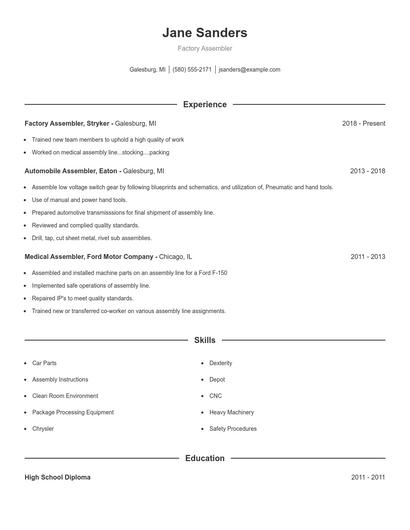 Factory Assembler Resume