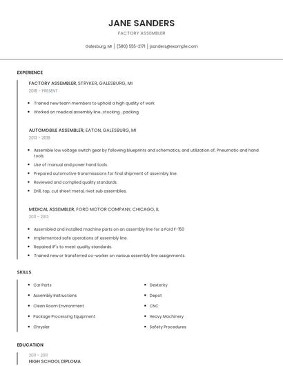 Factory Assembler Resume
