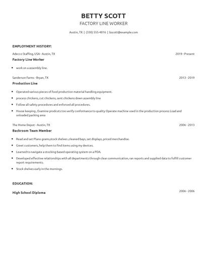 Factory Line Worker Resume