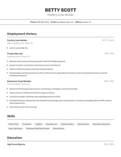 Factory Line Worker Resume