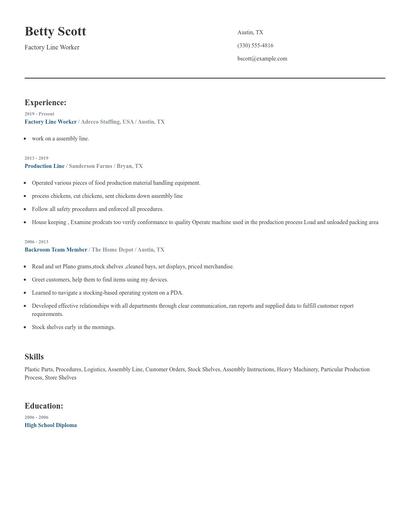 Factory Line Worker Resume