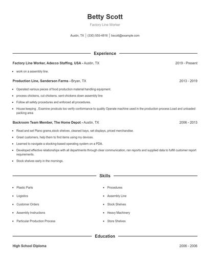 Factory Line Worker Resume