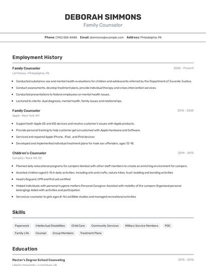 Family Counselor Resume
