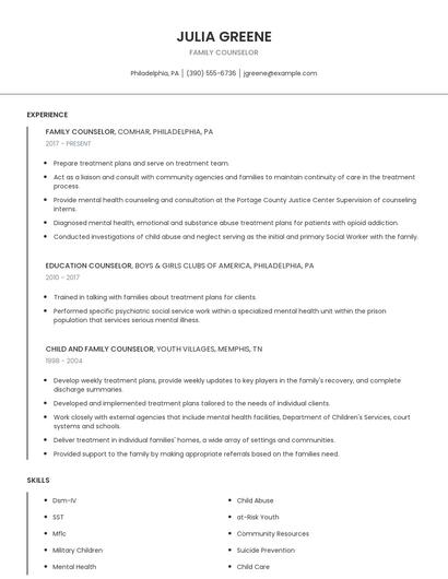 Family Counselor Resume