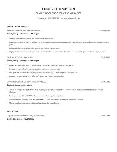 Family Independence Case Manager Resume