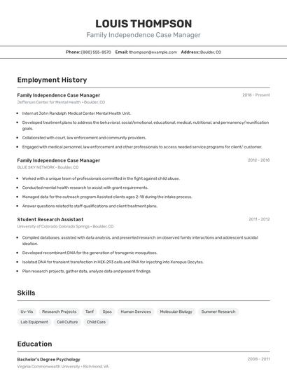 Family Independence Case Manager Resume
