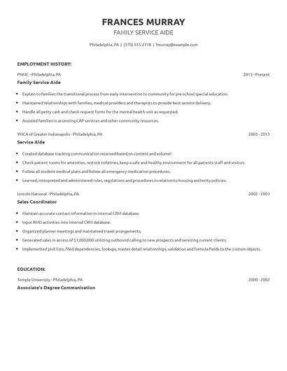 Family Service Aide Resume