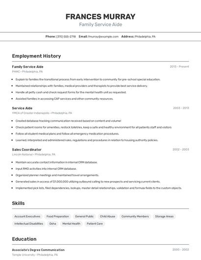 Family Service Aide Resume