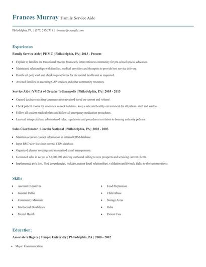 Family Service Aide Resume