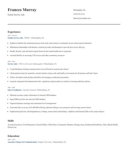 Family Service Aide Resume
