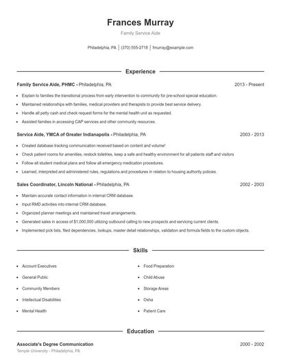 Family Service Aide Resume