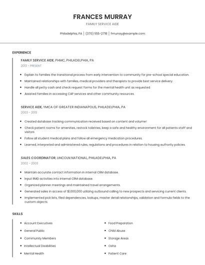 Family Service Aide Resume