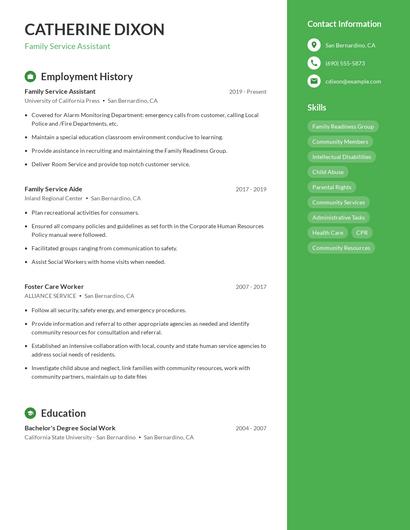 Family Service Assistant Resume