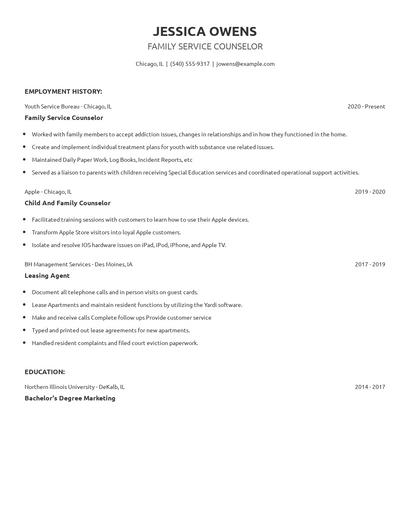 Family Service Counselor Resume
