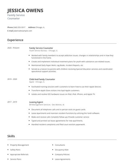 Family Service Counselor Resume