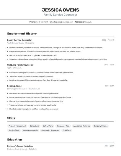 Family Service Counselor Resume