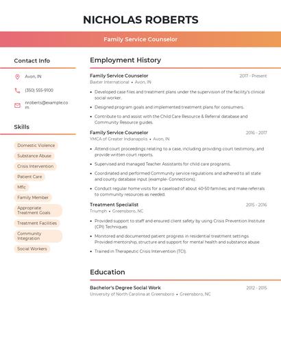 Family Service Counselor Resume