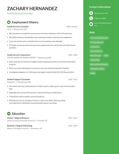 Family Service Counselor Resume