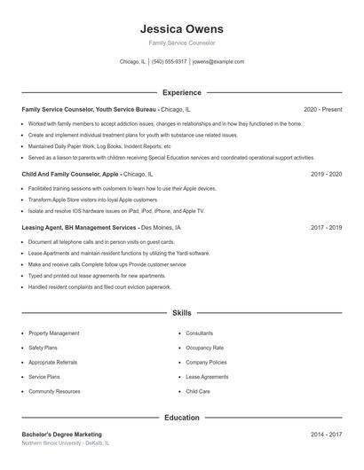 Family Service Counselor Resume