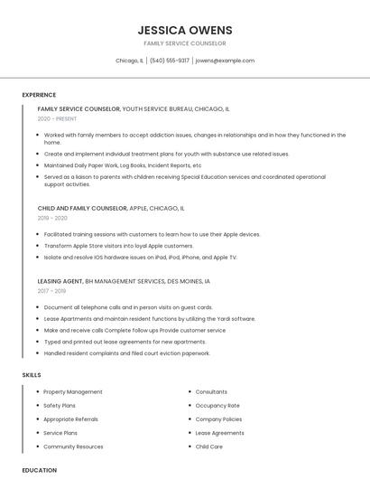 Family Service Counselor Resume