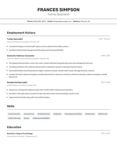 Family Specialist Resume