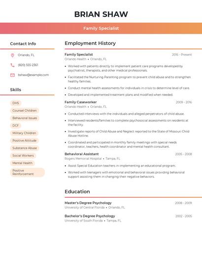 Family Specialist Resume