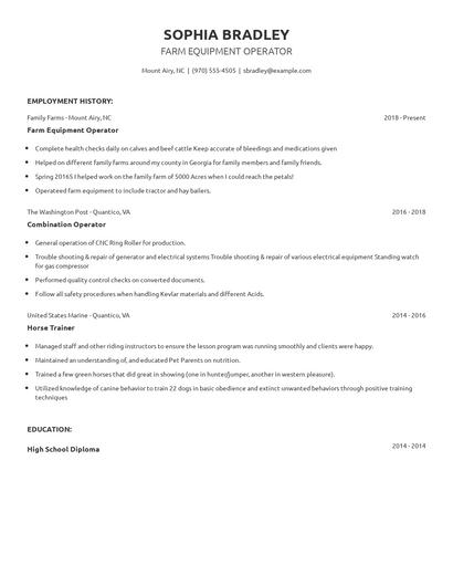 Farm Equipment Operator Resume