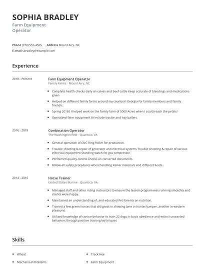 Farm Equipment Operator Resume