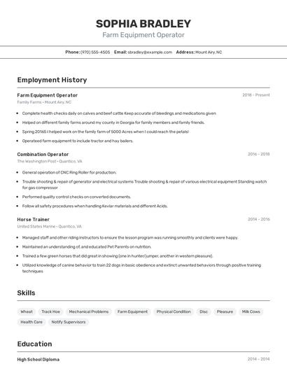 Farm Equipment Operator Resume