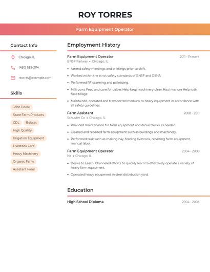 Farm Equipment Operator Resume