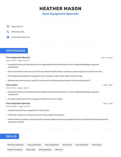 Farm Equipment Operator Resume