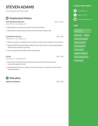 Farm Equipment Operator Resume