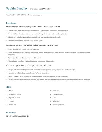 Farm Equipment Operator Resume