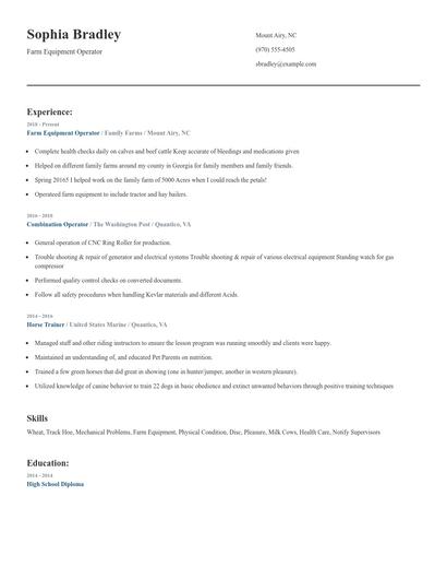 Farm Equipment Operator Resume
