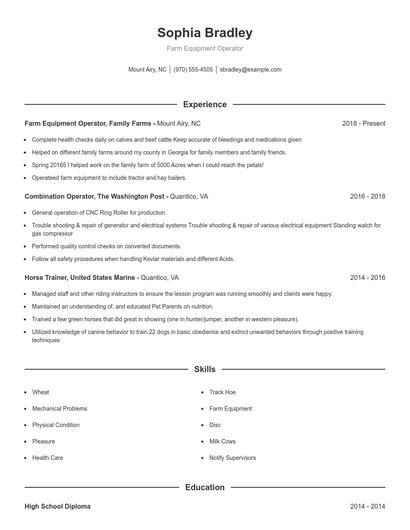 Farm Equipment Operator Resume