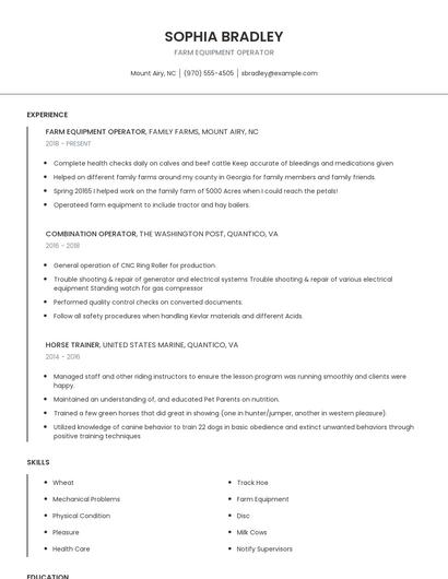 Farm Equipment Operator Resume