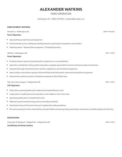 Farm Operator Resume