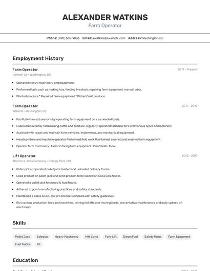 Farm Operator Resume