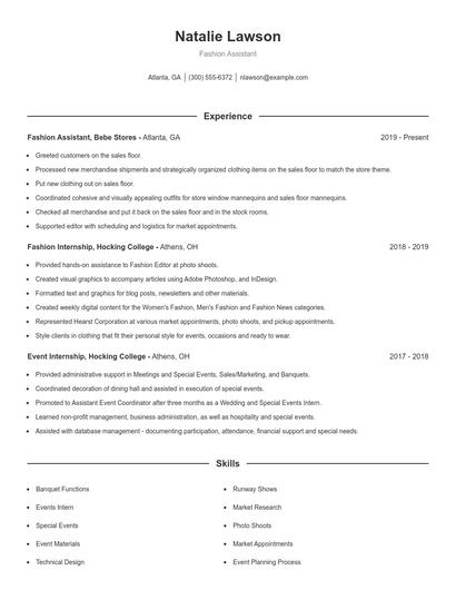 Fashion Assistant Resume