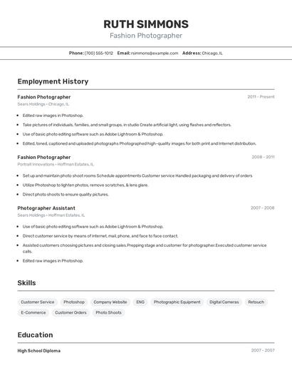 Fashion Photographer Resume