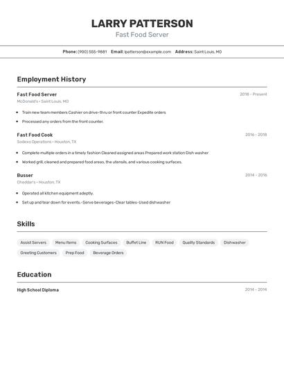 Fast Food Server Resume
