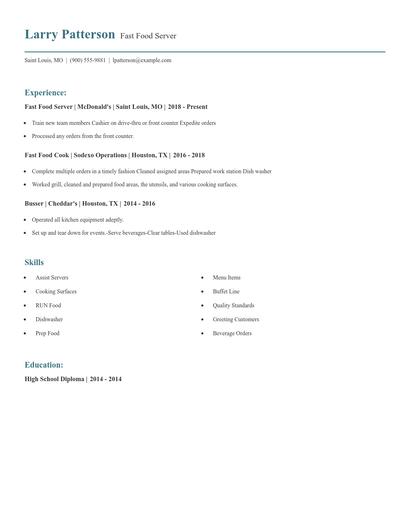 Fast Food Server Resume
