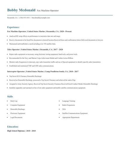 Fax Machine Operator Resume